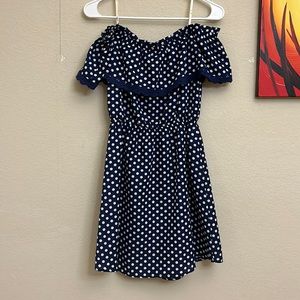 Blue polka dot off the shoulder dress